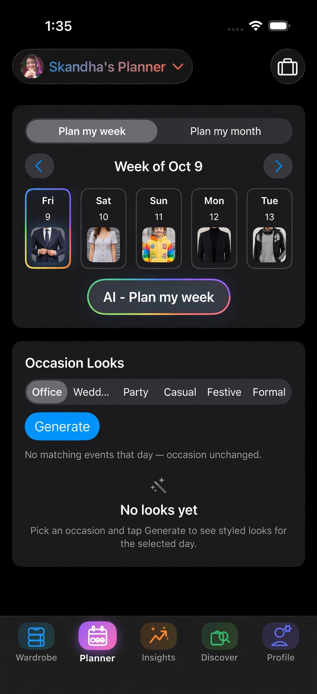 DressClan AI week planner showing seven days of generated outfits